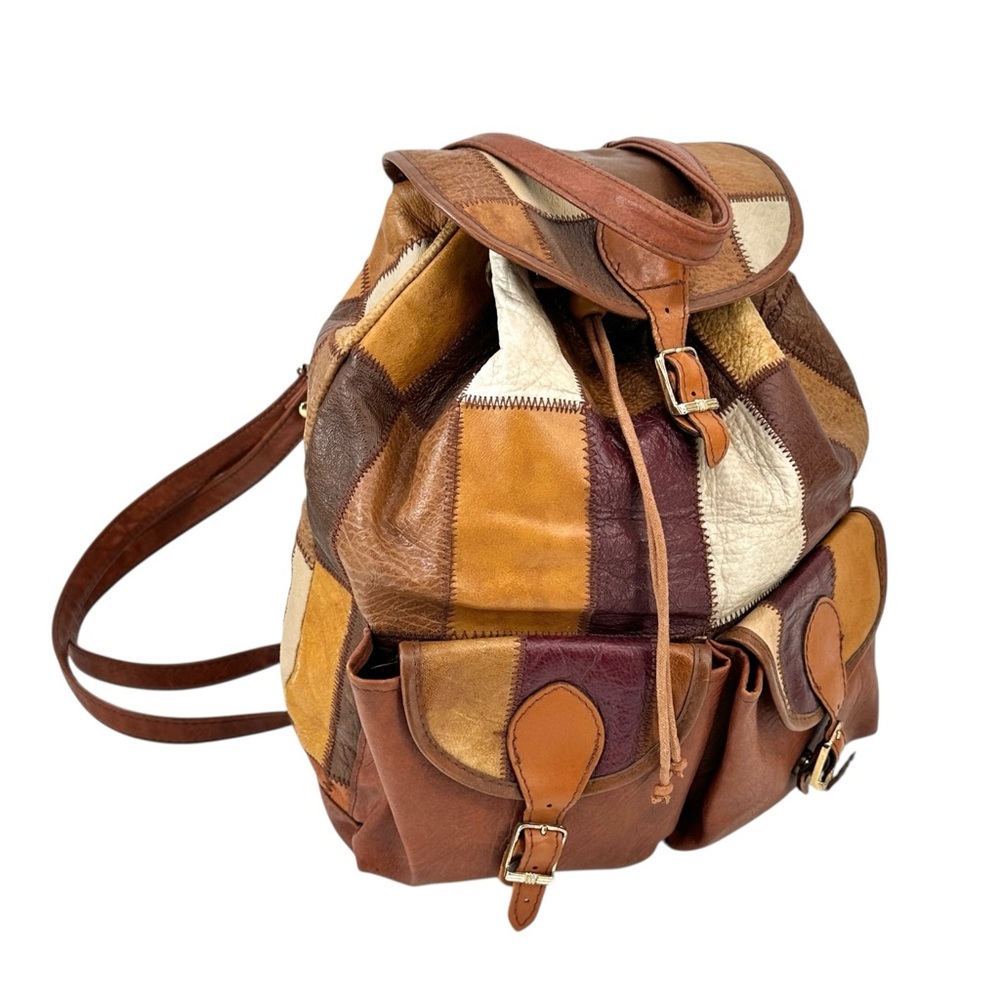 Vintage Brown Patchwork Leather Backpack With Top… - image 2